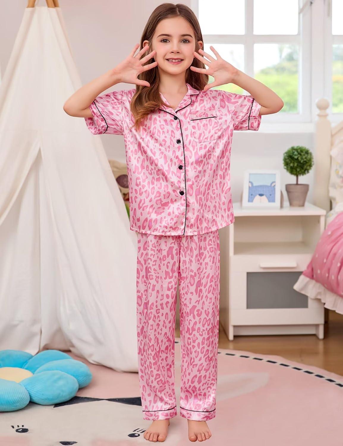 imageSWOMOG Girls Boys Silk Satin Pajamas Set ButtonDown TwoPiece PJs Lounge Sets with Long PantsPink Leopard