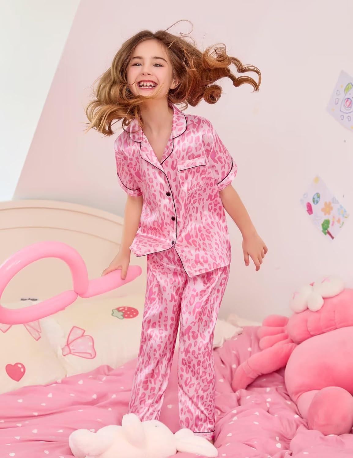 imageSWOMOG Girls Boys Silk Satin Pajamas Set ButtonDown TwoPiece PJs Lounge Sets with Long PantsPink Leopard