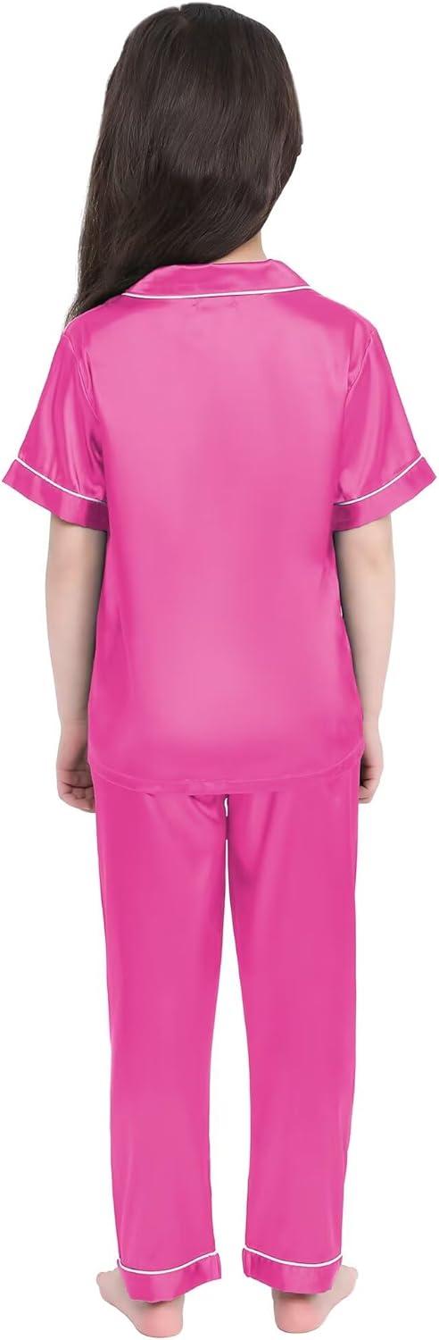 imageSWOMOG Girls Boys Silk Satin Pajamas Set ButtonDown TwoPiece PJs Lounge Sets with Long PantsRose Red