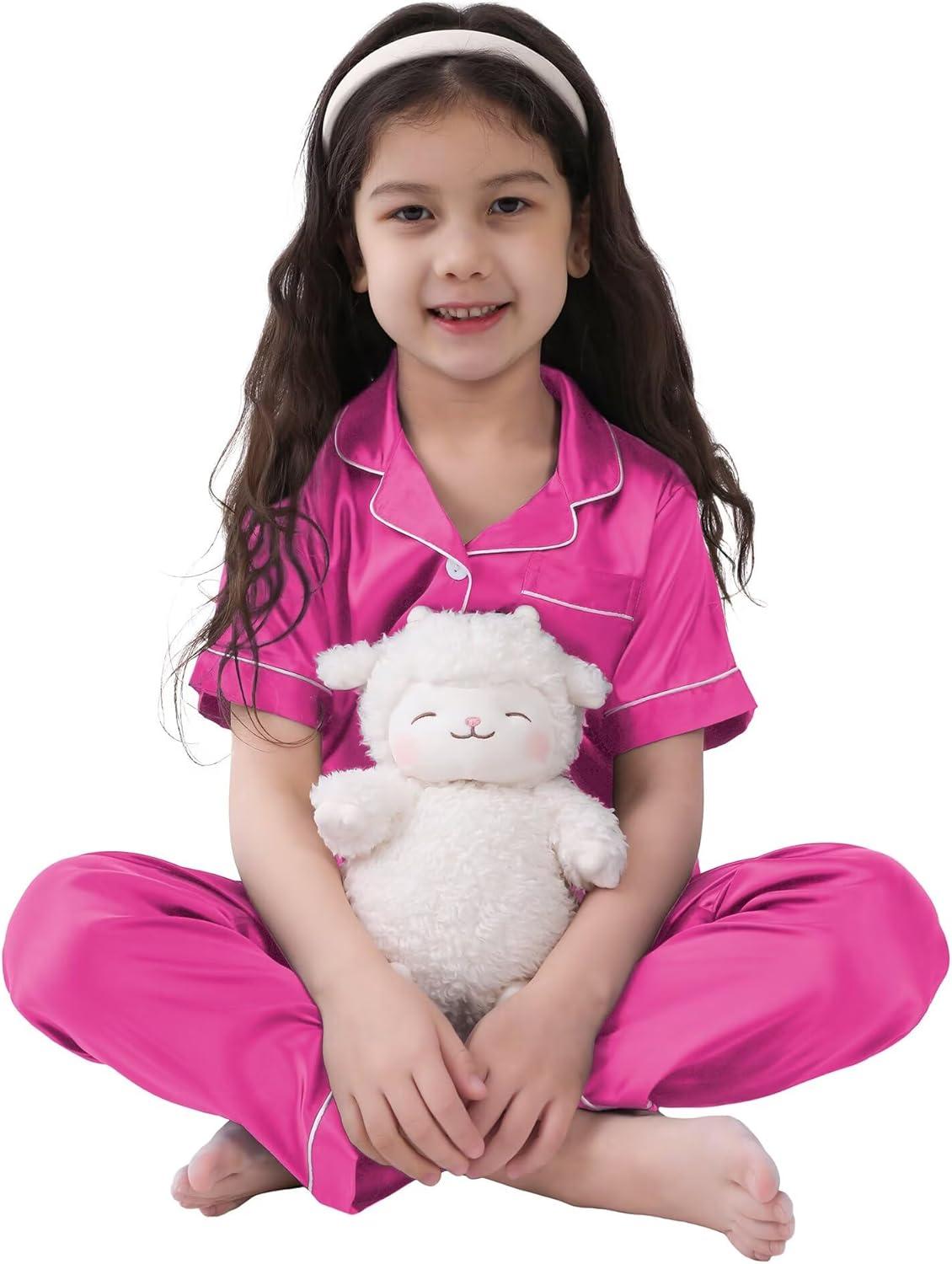 imageSWOMOG Girls Boys Silk Satin Pajamas Set ButtonDown TwoPiece PJs Lounge Sets with Long PantsRose Red