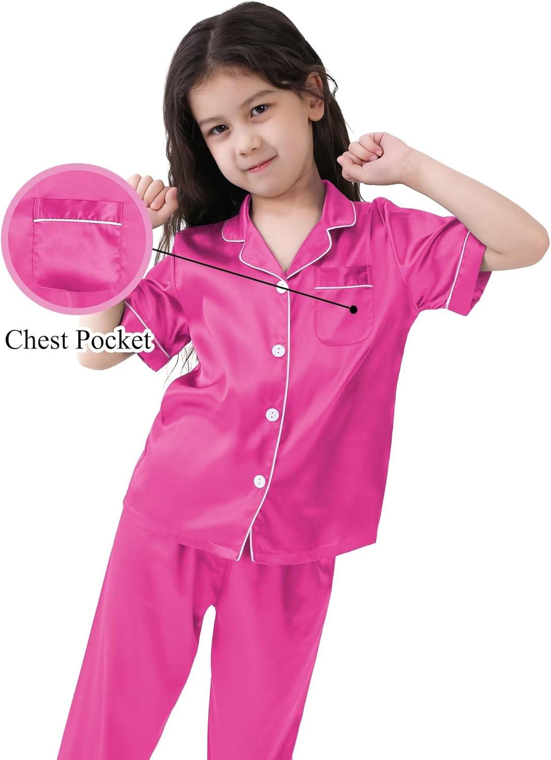imageSWOMOG Girls Boys Silk Satin Pajamas Set ButtonDown TwoPiece PJs Lounge Sets with Long PantsRose Red