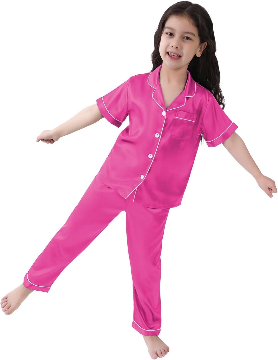 imageSWOMOG Girls Boys Silk Satin Pajamas Set ButtonDown TwoPiece PJs Lounge Sets with Long PantsRose Red