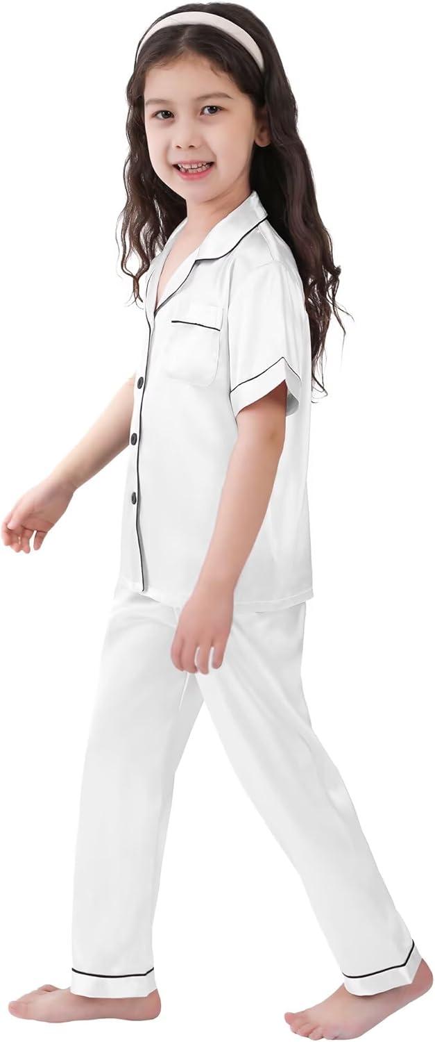 imageSWOMOG Girls Boys Silk Satin Pajamas Set ButtonDown TwoPiece PJs Lounge Sets with Long PantsWhite