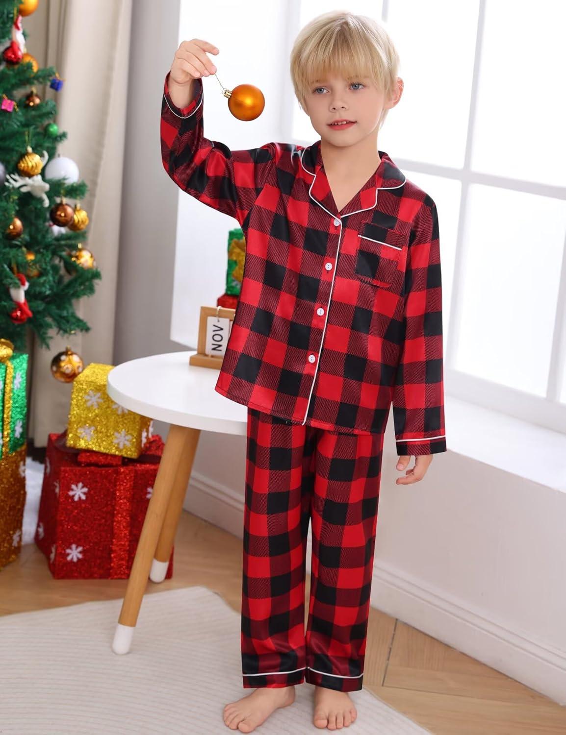 imageSWOMOG Kid Girls Boys Silk Satin Pajamas Set ButtonDown PJs Sets TwoPiece Lounge Sets Long Sleeve Sleepwear