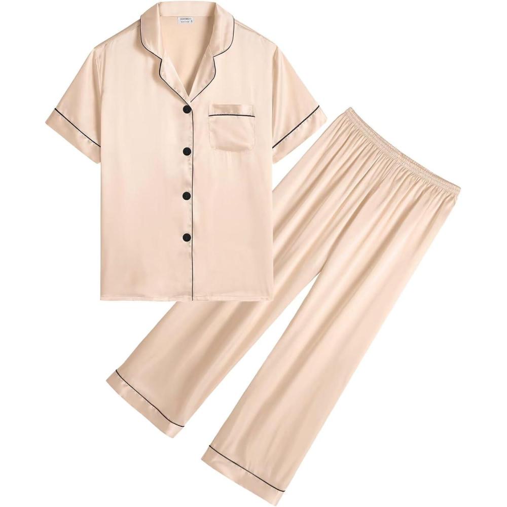 imageSWOMOG Girls Boys Silk Satin Pajamas Set ButtonDown TwoPiece PJs Lounge Sets with Long PantsChampagne