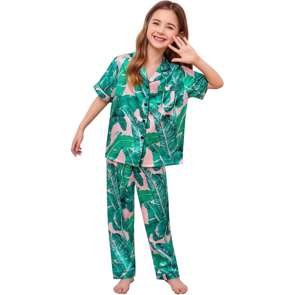 imageSWOMOG Girls Boys Silk Satin Pajamas Set ButtonDown TwoPiece PJs Lounge Sets with Long PantsPink Leaves