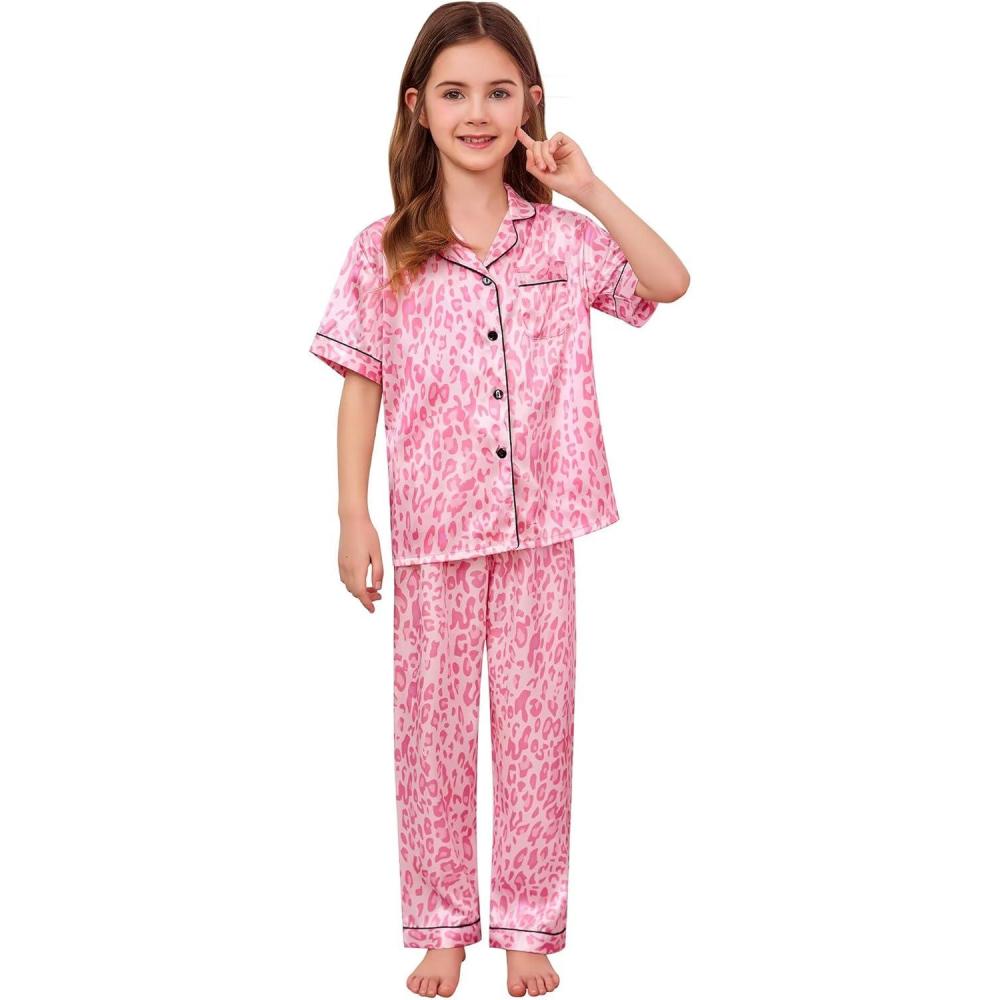 imageSWOMOG Girls Boys Silk Satin Pajamas Set ButtonDown TwoPiece PJs Lounge Sets with Long PantsPink Leopard