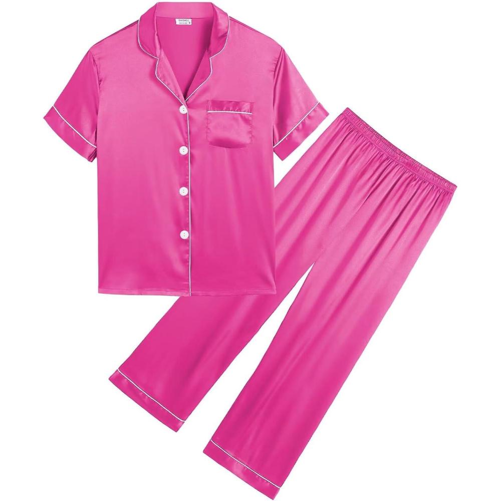 imageSWOMOG Girls Boys Silk Satin Pajamas Set ButtonDown TwoPiece PJs Lounge Sets with Long PantsRose Red