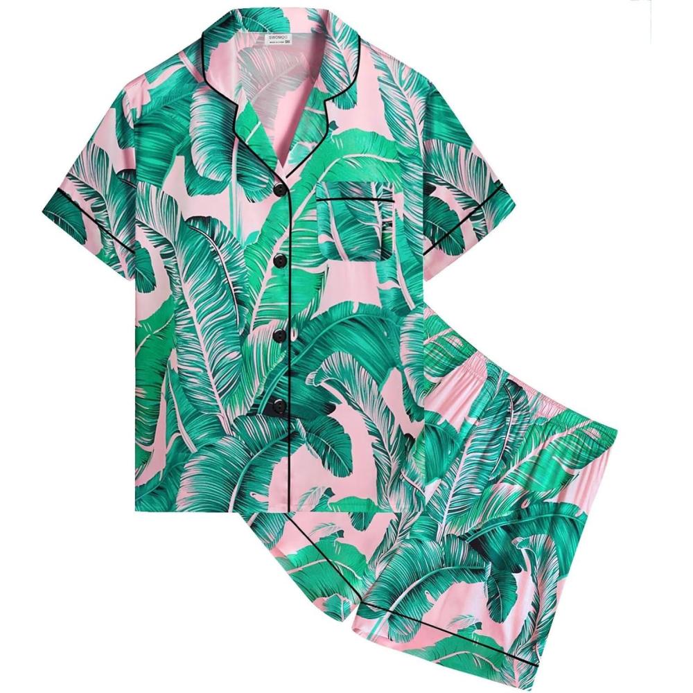 imageSWOMOG Kids Satin Pajamas Sets Girls Boys ButtonDown Pjs Short Sleeve Silk Nightwear 2 Piece Lounge SetsPink Leaves