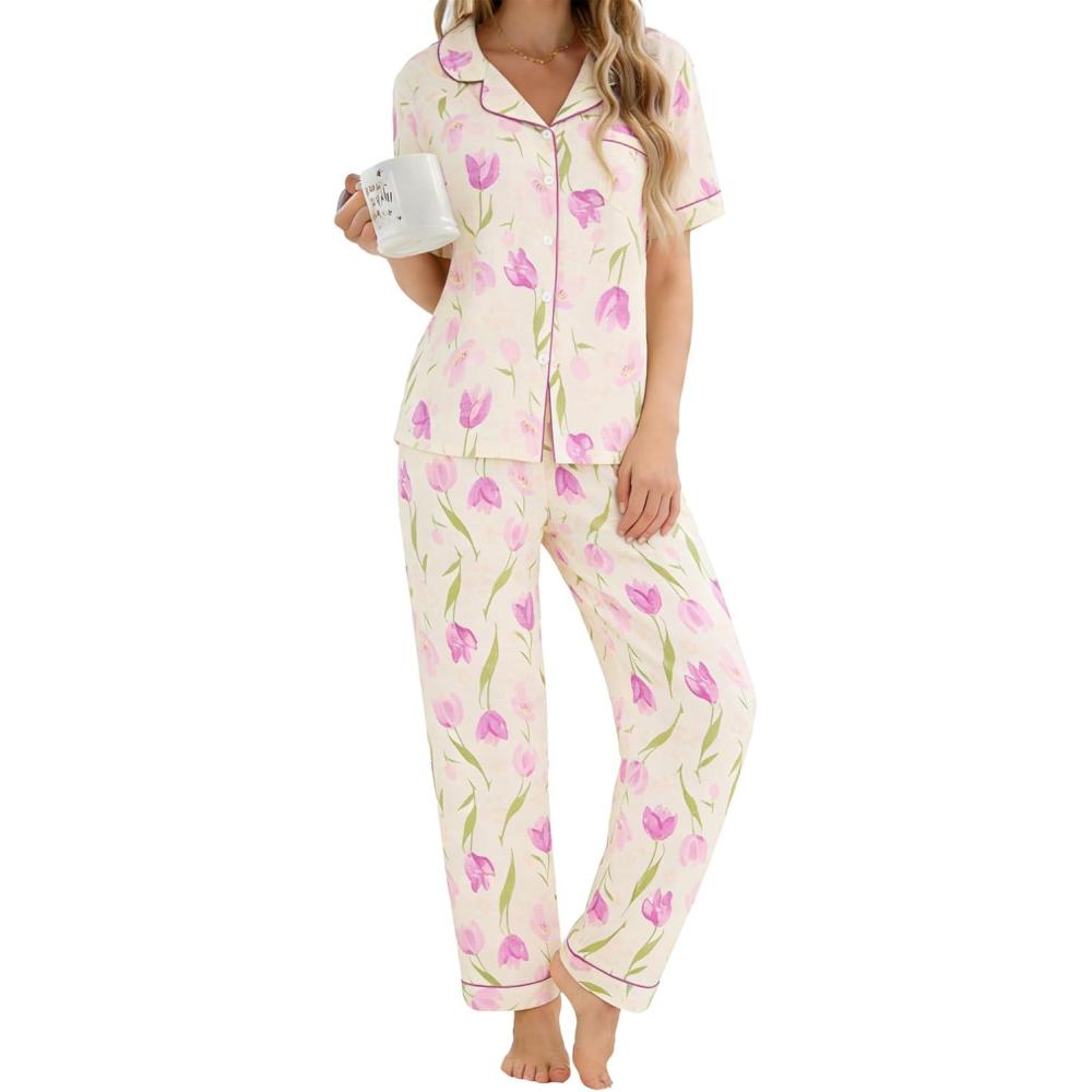 imageSWOMOG Womens 2 Piece Pajama Sets Shorts Sleeve Pajamas Cute Pj Set Lounge Matching Pjs Button Shirt with Long Pants Pink Purple Flower XLarge