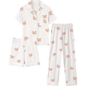SWOMOG Big Girls Pajama Set 3PCS Button Dowm Sleepwear Short Sleeve with Short&Long Pants PJs Cute Print Loungewear(White Bear)