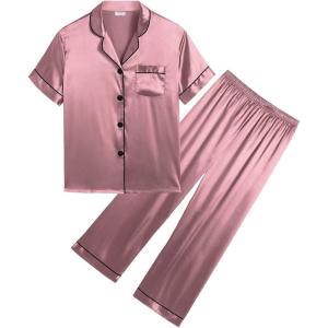 SWOMOG Girls Boys Silk Satin Pajamas Set Button-Down Two-Piece PJs Lounge Sets with Long Pants(Misty Rose)