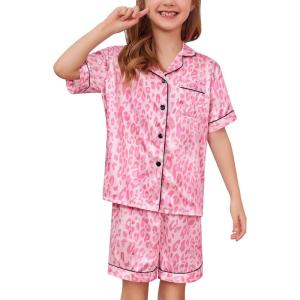 SWOMOG Kids Satin Pajamas Sets Girls Boys Button-Down Pjs Short Sleeve Silk Nightwear 2 Piece Lounge Sets(Cute Leopard)