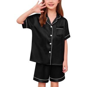 SWOMOG Kids Satin Pajamas Sets Girls Boys Button-Down Pjs Short Sleeve Silk Nightwear 2 Piece Lounge Sets(Dimblack)