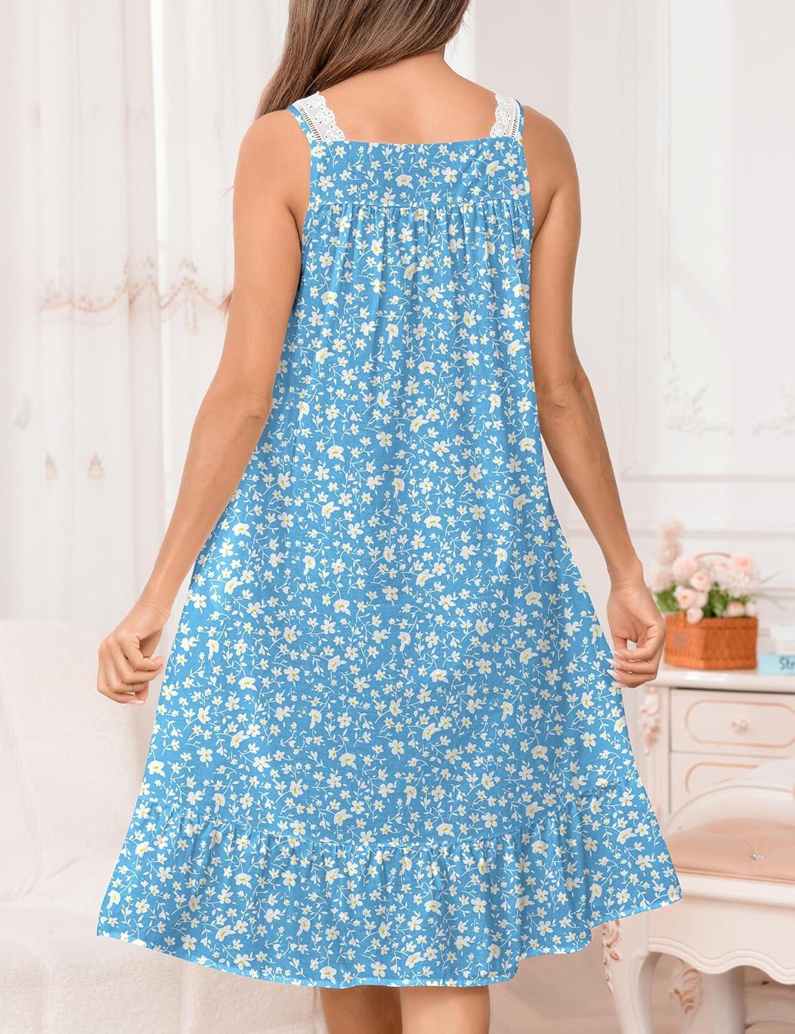 imageSWOMOG 100 Cotton Nightgowns for Women Lace Nightgown Sleeveless Sleep Dress Victorian Sleepshirt Button Strap GownAblue Floral