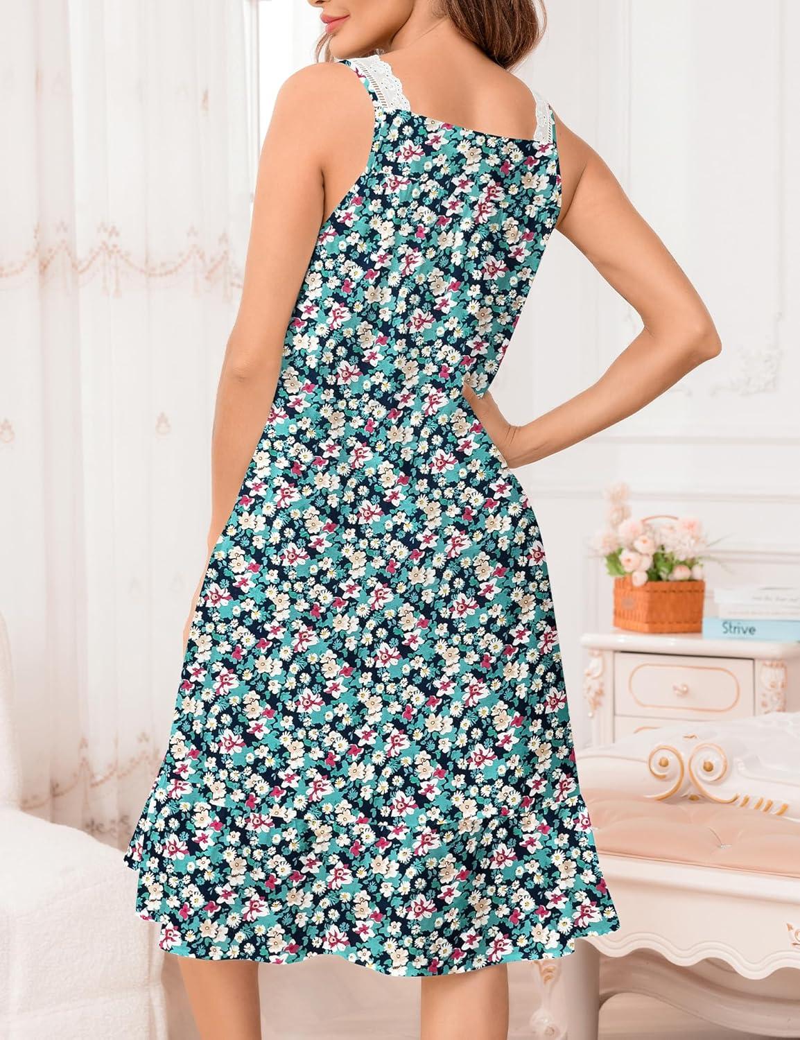 imageSWOMOG 100 Cotton Nightgowns for Women Lace Nightgown Sleeveless Sleep Dress Victorian Sleepshirt Button Strap GownAnany Blue Floral