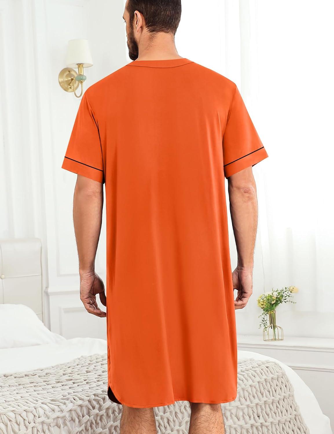 imageSWOMOG Mens Nightgown Short Sleeve Lounge Sleep Henley Shirt Pajama Big amp Tall Nightshirt Comfy Nightwear M3XLOrange