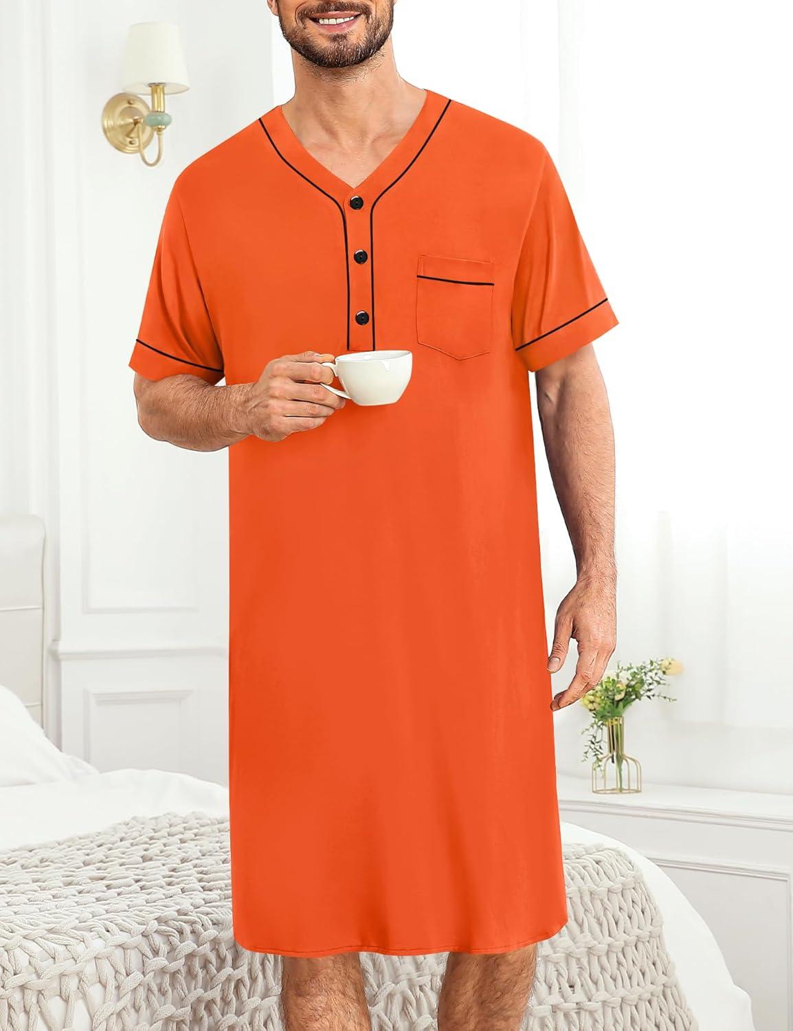 imageSWOMOG Mens Nightgown Short Sleeve Lounge Sleep Henley Shirt Pajama Big amp Tall Nightshirt Comfy Nightwear M3XLOrange