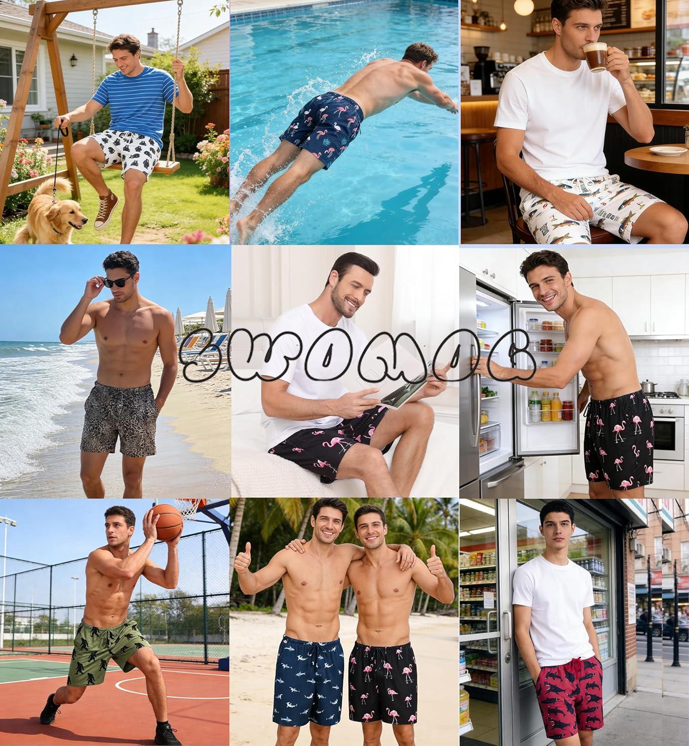 imageSWOMOG Mens Pajama Shorts 2 Pack Sleep Shorts Soft Lounge Sleepwear Sets Bottoms Button Fly with Pockets amp DrawstringBlue Shark Pink Flamingos