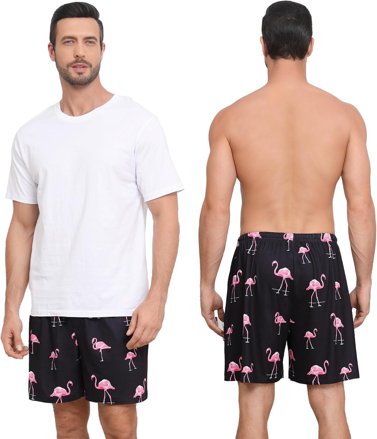 imageSWOMOG Mens Pajama Shorts 2 Pack Sleep Shorts Soft Lounge Sleepwear Sets Bottoms Button Fly with Pockets amp DrawstringBlue Shark Pink Flamingos