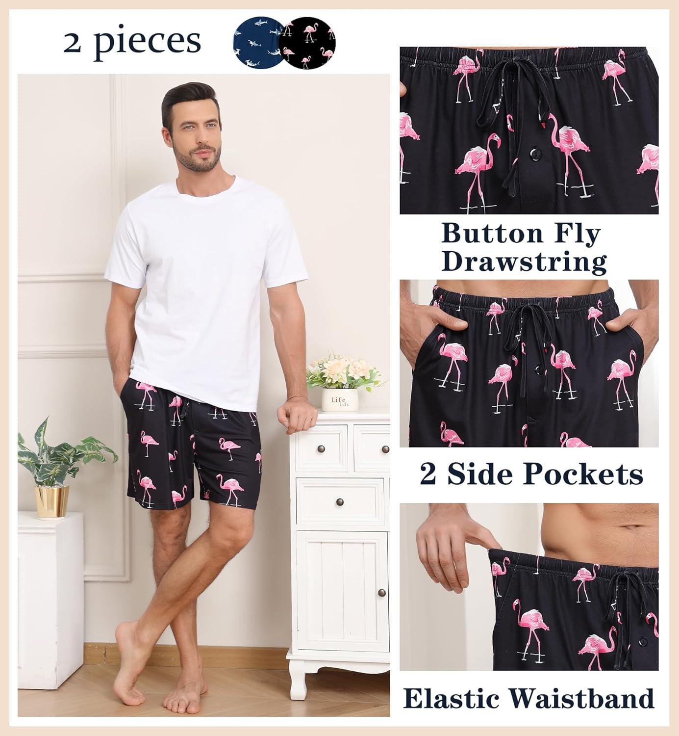 imageSWOMOG Mens Pajama Shorts 2 Pack Sleep Shorts Soft Lounge Sleepwear Sets Bottoms Button Fly with Pockets amp DrawstringBlue Shark Pink Flamingos