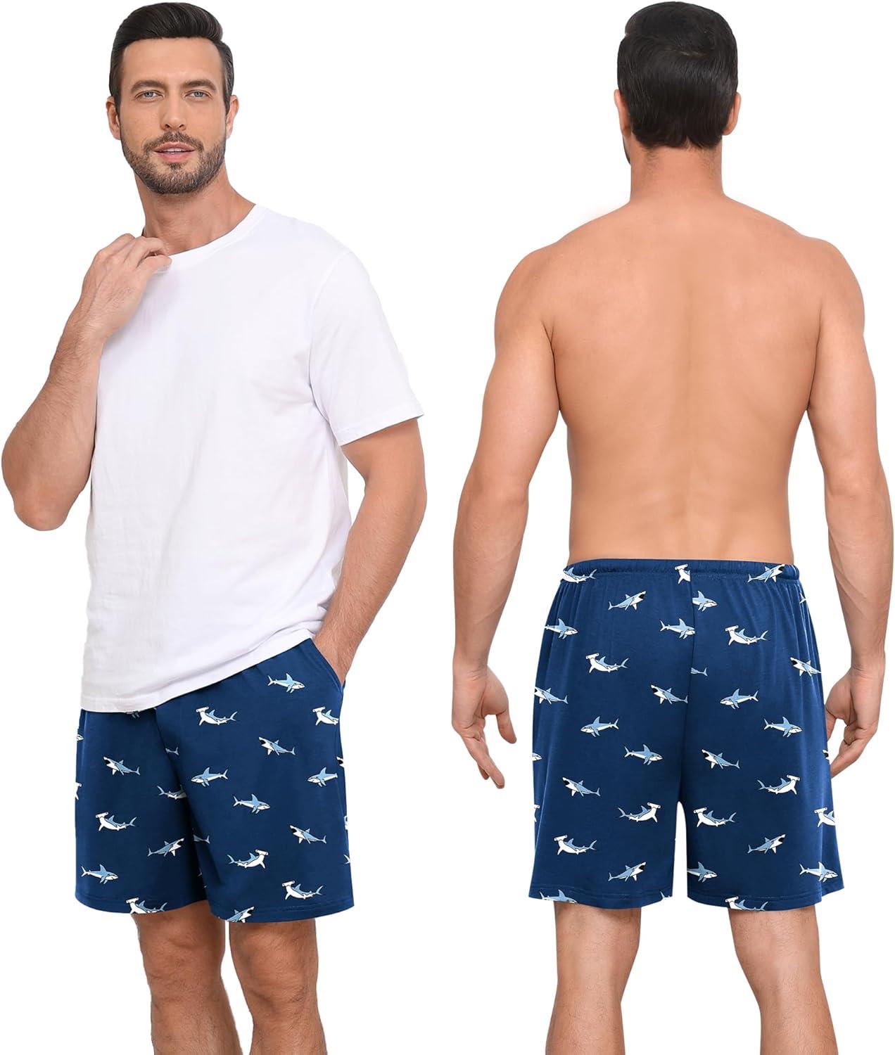 imageSWOMOG Mens Pajama Shorts 2 Pack Sleep Shorts Soft Lounge Sleepwear Sets Bottoms Button Fly with Pockets amp DrawstringBlue Shark Pink Flamingos