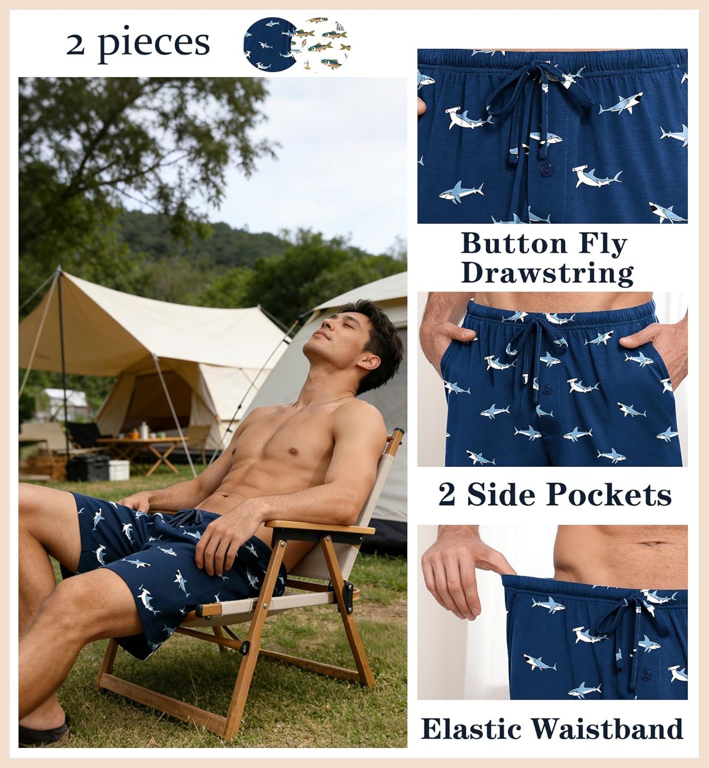 imageSWOMOG Mens Pajama Shorts 2 Pack Sleep Shorts Soft Lounge Sleepwear Sets Bottoms Button Fly with Pockets amp DrawstringBlue Shark White Shark