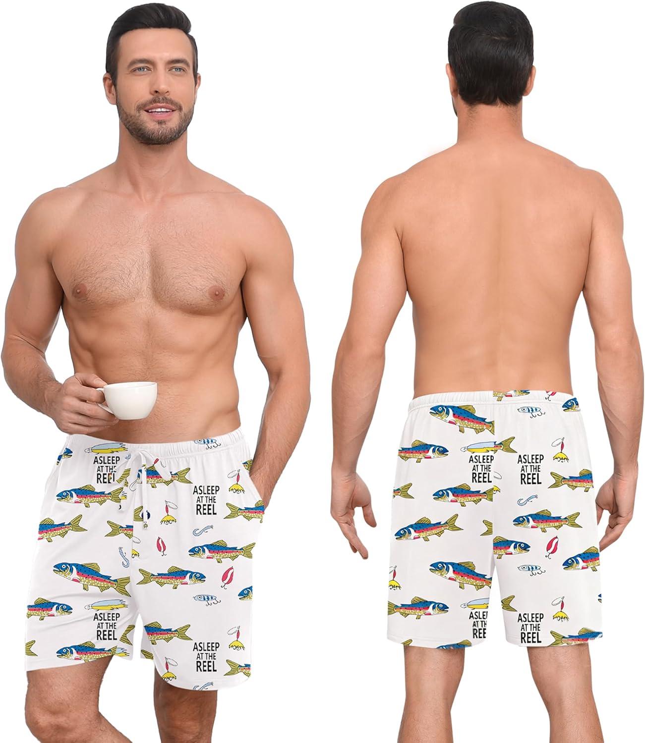 imageSWOMOG Mens Pajama Shorts 2 Pack Sleep Shorts Soft Lounge Sleepwear Sets Bottoms Button Fly with Pockets amp DrawstringBlue Shark White Shark