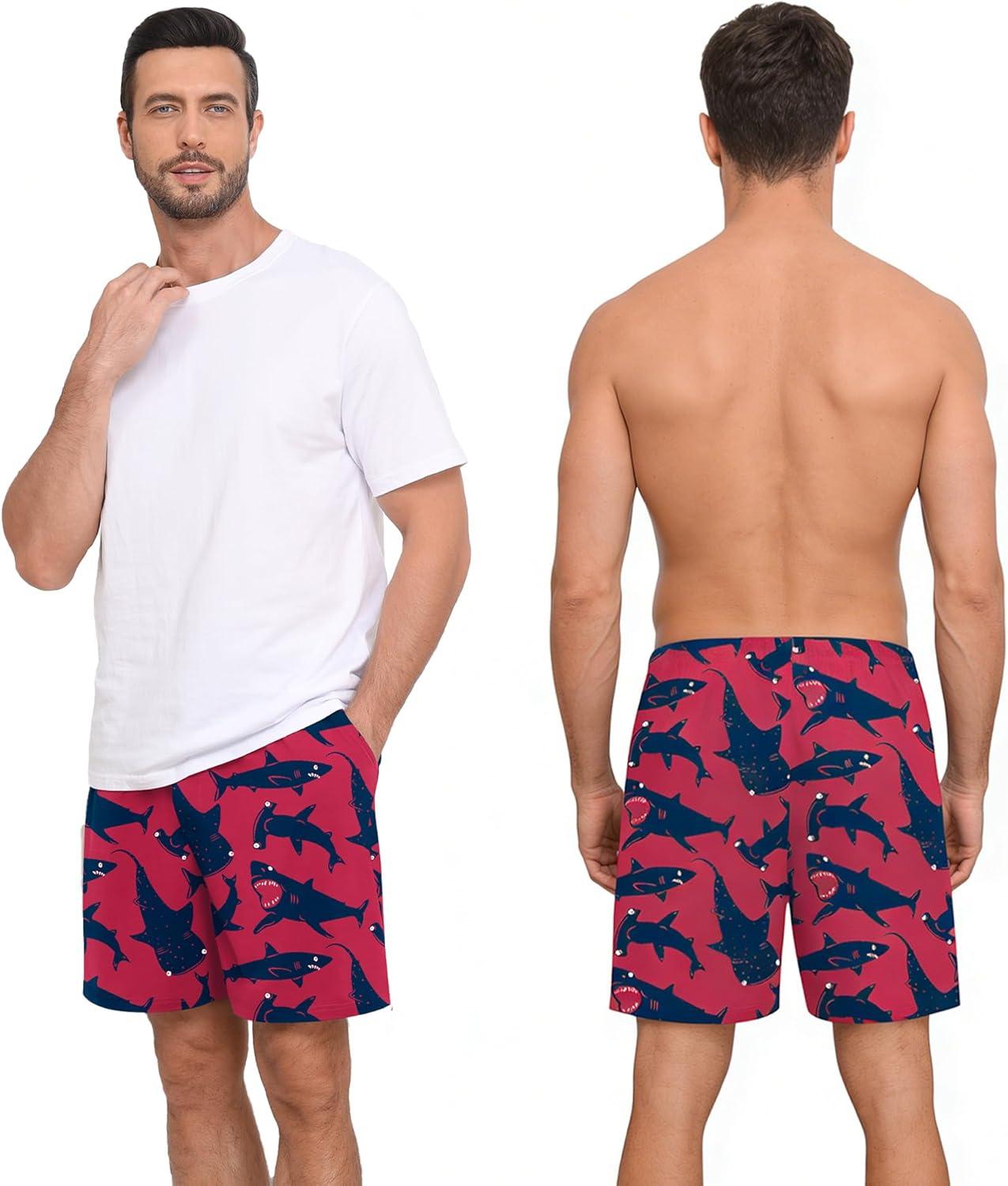 imageSWOMOG Mens Pajama Shorts 2 Pack Sleep Shorts Soft Lounge Sleepwear Sets Bottoms Button Fly with Pockets amp DrawstringRed Shark Blue Flamingos