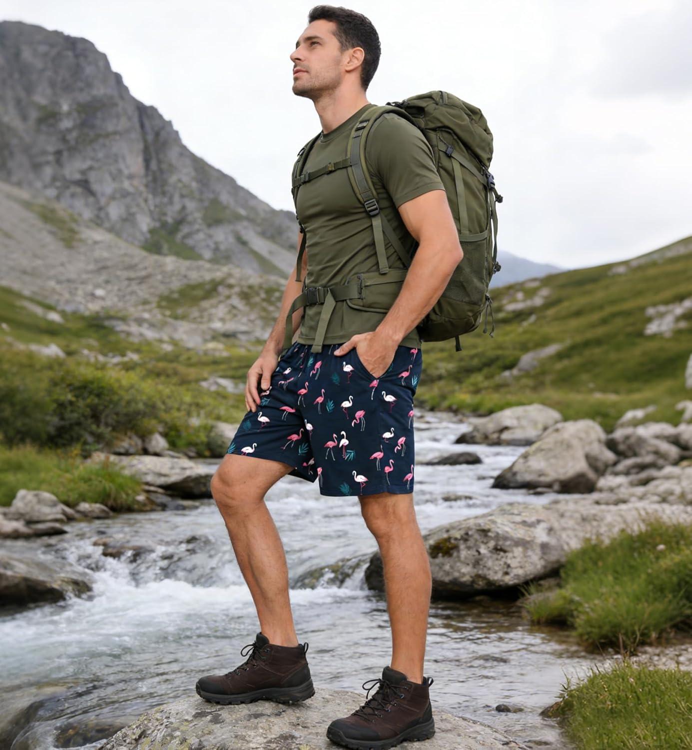 imageSWOMOG Mens Pajama Shorts 2 Pack Sleep Shorts Soft Lounge Sleepwear Sets Bottoms Button Fly with Pockets amp DrawstringRed Shark Blue Flamingos