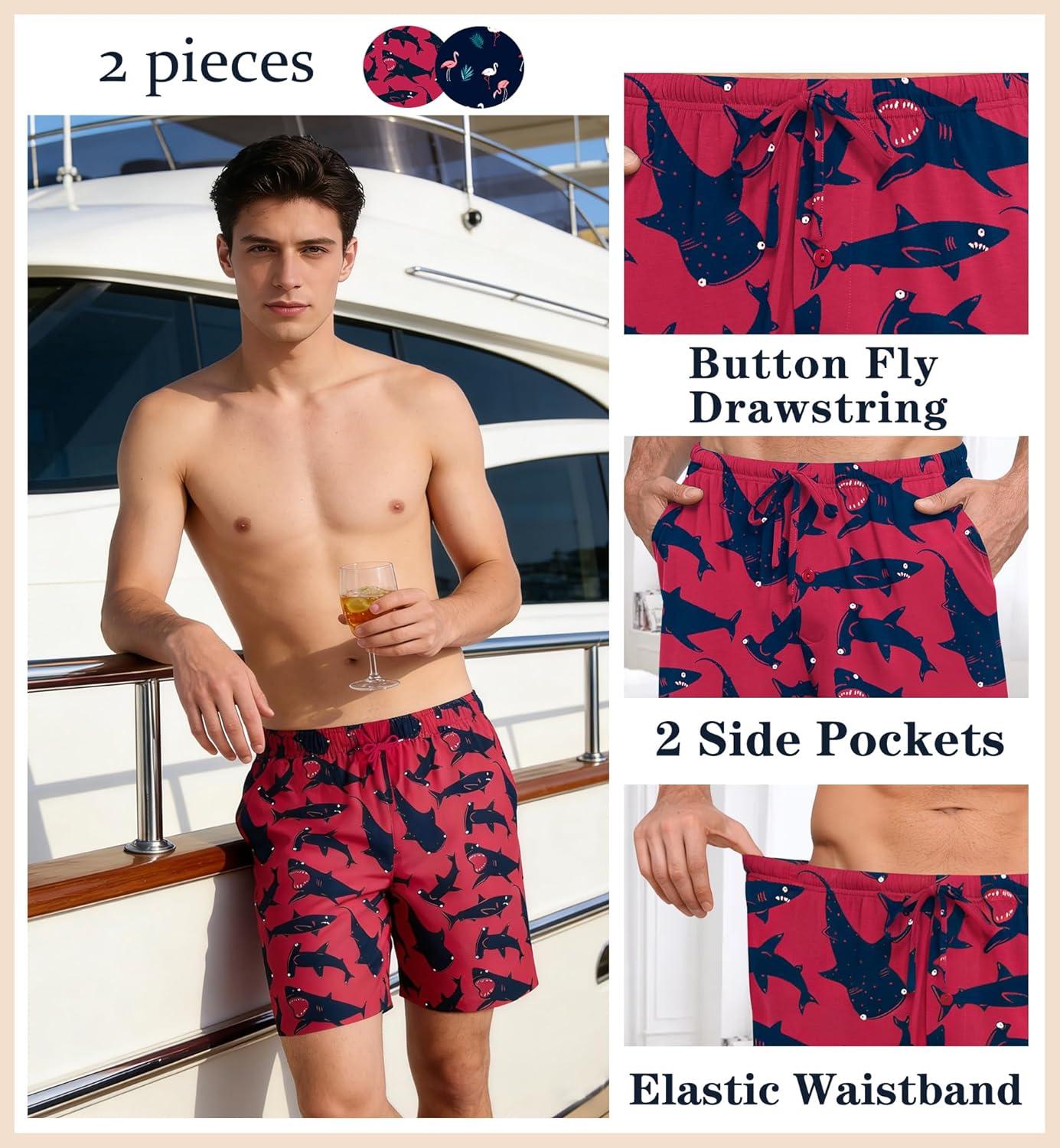 imageSWOMOG Mens Pajama Shorts 2 Pack Sleep Shorts Soft Lounge Sleepwear Sets Bottoms Button Fly with Pockets amp DrawstringRed Shark Blue Flamingos