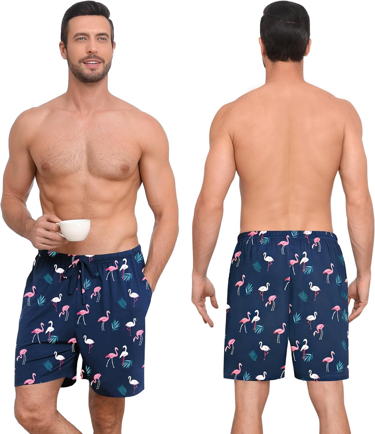imageSWOMOG Mens Pajama Shorts 2 Pack Sleep Shorts Soft Lounge Sleepwear Sets Bottoms Button Fly with Pockets amp DrawstringRed Shark Blue Flamingos