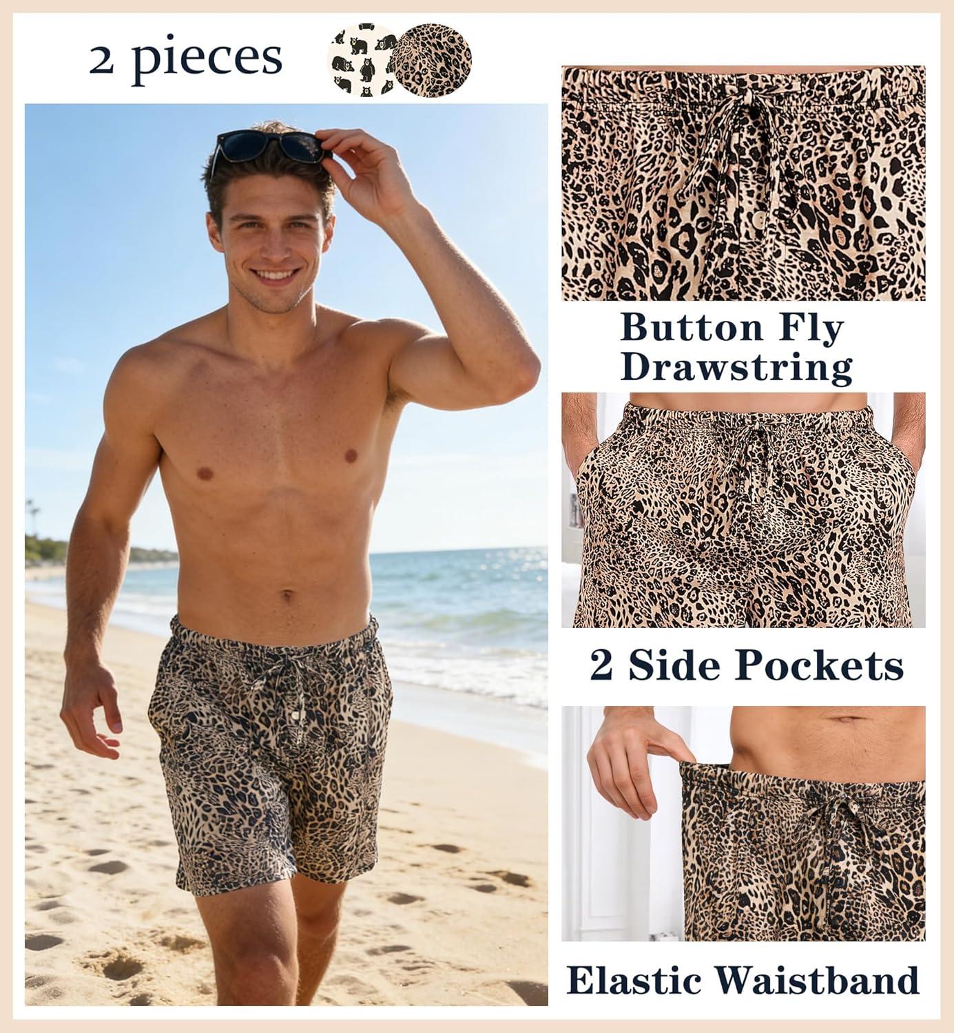 imageSWOMOG Mens Pajama Shorts 2 Pack Sleep Shorts Soft Lounge Sleepwear Sets Bottoms Button Fly with Pockets amp DrawstringYellow Black Leopard Papa Bear