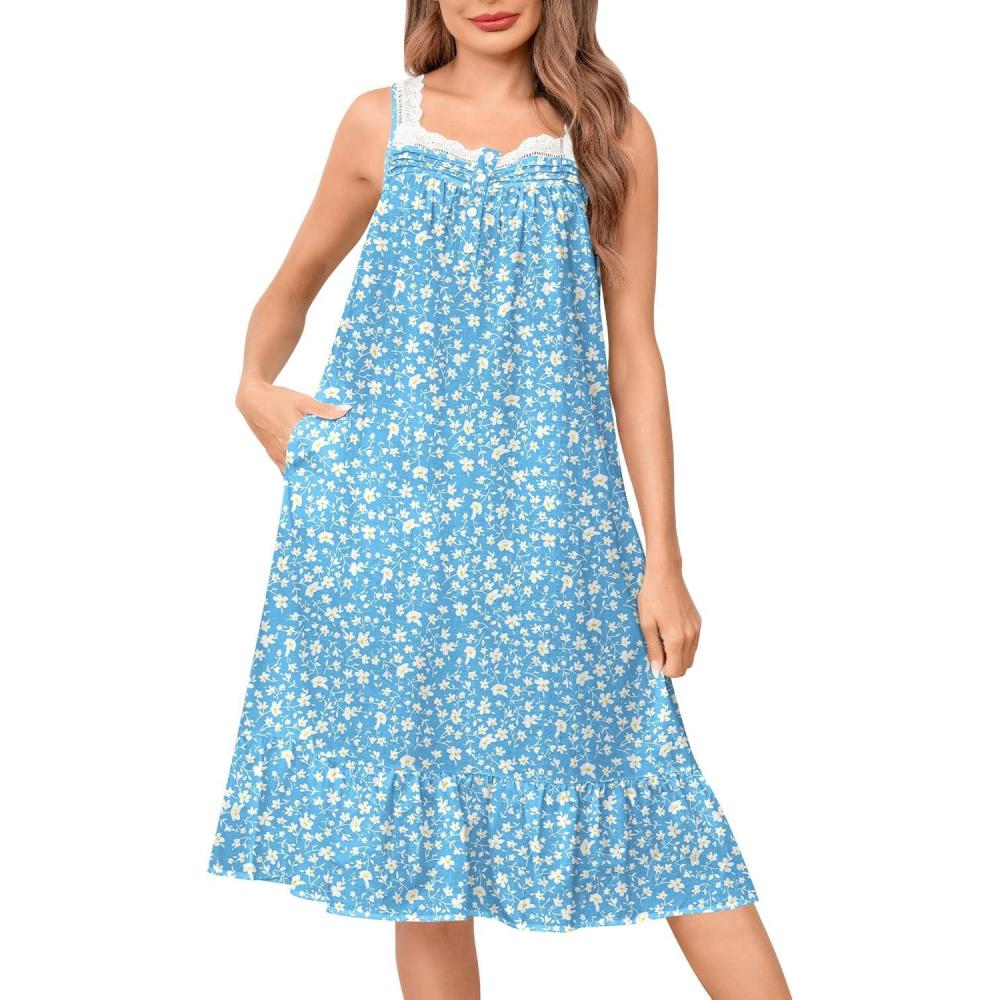 imageSWOMOG 100 Cotton Nightgowns for Women Lace Nightgown Sleeveless Sleep Dress Victorian Sleepshirt Button Strap GownAblue Floral