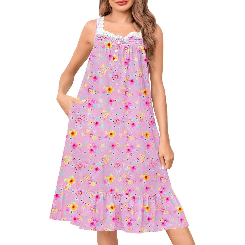 imageSWOMOG 100 Cotton Nightgowns for Women Lace Nightgown Sleeveless Sleep Dress Victorian Sleepshirt Button Strap GownAfloral Pink