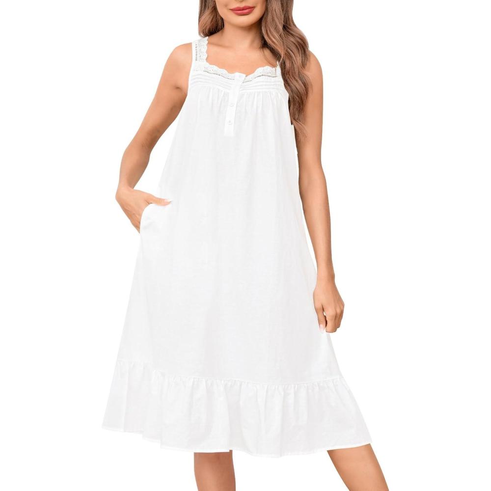imageSWOMOG 100 Cotton Nightgowns for Women Lace Nightgown Sleeveless Sleep Dress Victorian Sleepshirt Button Strap GownAwhite