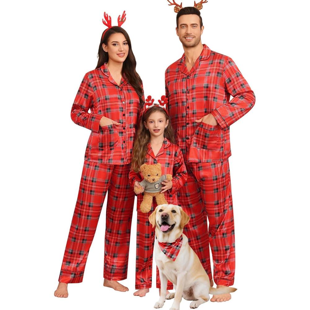 imageSWOMOG Matching Family Pajamas Set Women amp Men amp Kids Silk Satin Pjs 2 Pcs Long Sleeve Button Down Sleepwear with 2 PocketsKids Christmas Red Plaid 120Age for 67Y
