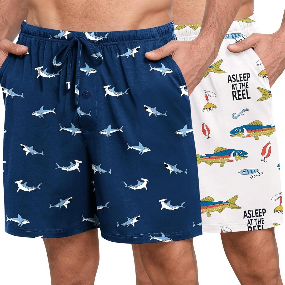 imageSWOMOG Mens Pajama Shorts 2 Pack Sleep Shorts Soft Lounge Sleepwear Sets Bottoms Button Fly with Pockets amp DrawstringBlue Shark White Shark