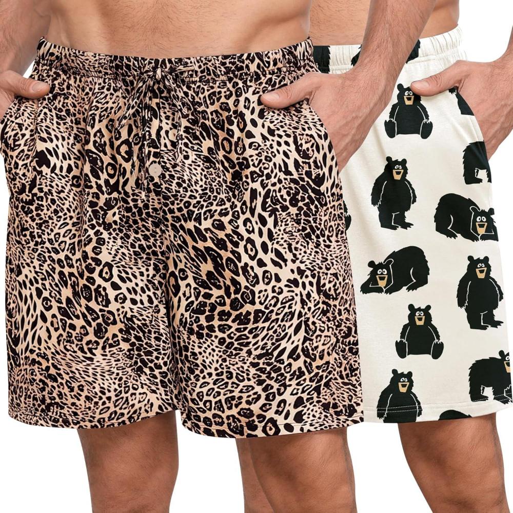 imageSWOMOG Mens Pajama Shorts 2 Pack Sleep Shorts Soft Lounge Sleepwear Sets Bottoms Button Fly with Pockets amp DrawstringYellow Black Leopard Papa Bear