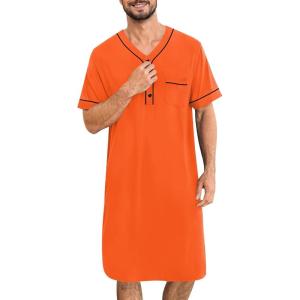 SWOMOG Mens Nightgown Short Sleeve Lounge, Sleep Henley Shirt Pajama Big & Tall Nightshirt Comfy Nightwear M-3XL(Orange)