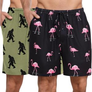 SWOMOG Mens Pajama Shorts 2 Pack Sleep Shorts Soft Lounge Sleepwear Sets Bottoms Button Fly with Pockets & Drawstring(Army Green Bigfoot / Pink Flamingos)