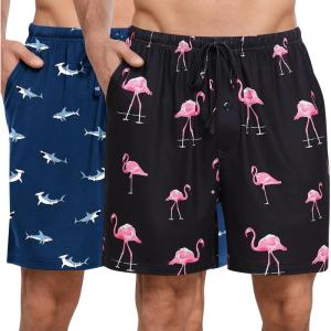 SWOMOG Mens Pajama Shorts 2 Pack Sleep Shorts Soft Lounge Sleepwear Sets Bottoms Button Fly with Pockets & Drawstring(Blue Shark / Pink Flamingos)