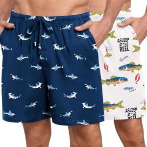 SWOMOG Mens Pajama Shorts 2 Pack Sleep Shorts Soft Lounge Sleepwear Sets Bottoms Button Fly with Pockets & Drawstring(Blue Shark / White Shark)