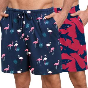 SWOMOG Mens Pajama Shorts 2 Pack Sleep Shorts Soft Lounge Sleepwear Sets Bottoms Button Fly with Pockets & Drawstring(Red Shark / Blue Flamingos)