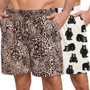 SWOMOG Mens Pajama Shorts 2 Pack Sleep Shorts Soft Lounge Sleepwear Sets Bottoms Button Fly with Pockets & Drawstring(Yellow Black Leopard / Papa Bear)
