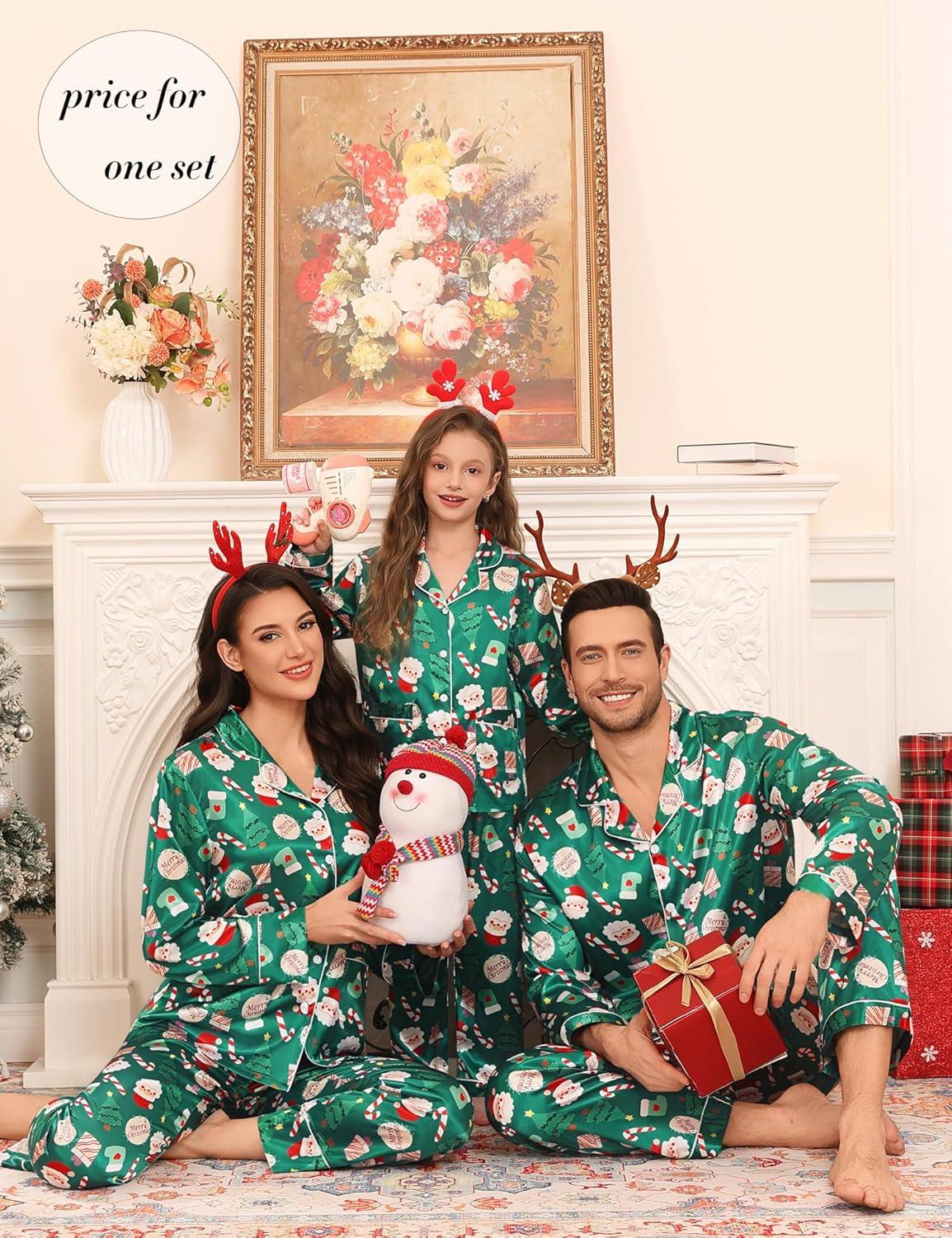 imageSWOMOG Matching Family Pajamas Set Women amp Men amp Kids Silk Satin Pjs 2 Pcs Long Sleeve Button Down Sleepwear with 2 PocketsKids Christmas Pattern 120Age for 67Y