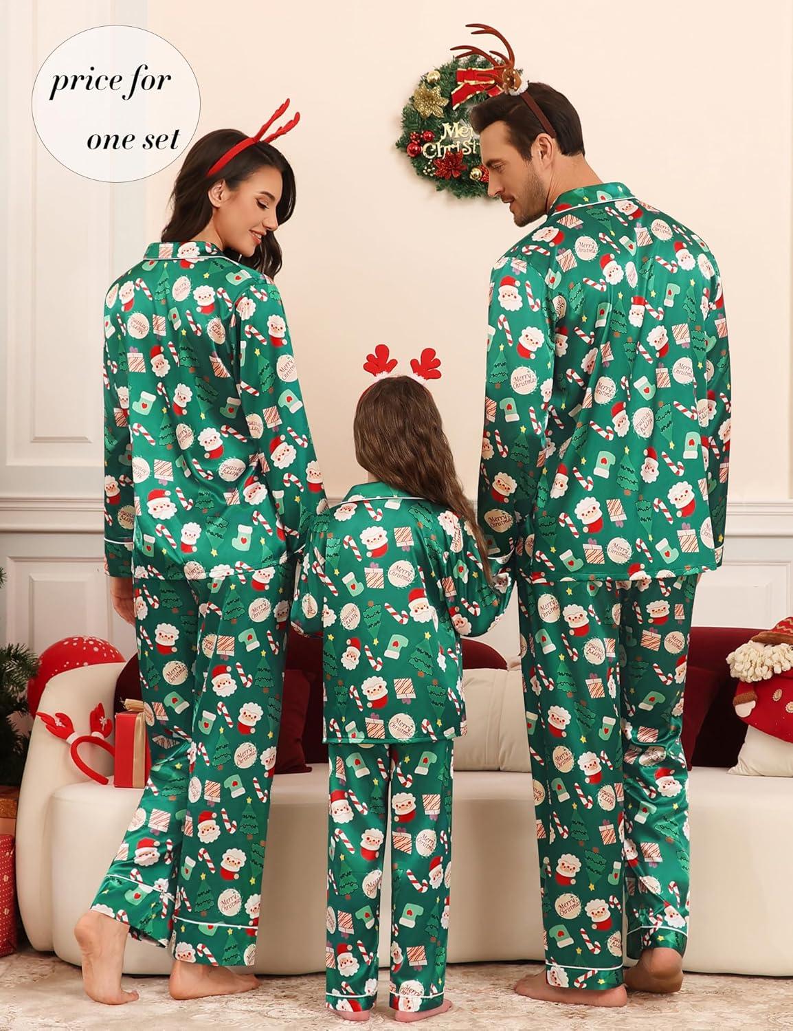 imageSWOMOG Matching Family Pajamas Set Women amp Men amp Kids Silk Satin Pjs 2 Pcs Long Sleeve Button Down Sleepwear with 2 PocketsKids Christmas Pattern 120Age for 67Y