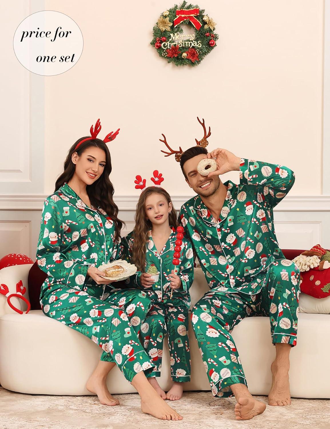 imageSWOMOG Matching Family Pajamas Set Women amp Men amp Kids Silk Satin Pjs 2 Pcs Long Sleeve Button Down Sleepwear with 2 PocketsKids Christmas Pattern 120Age for 67Y