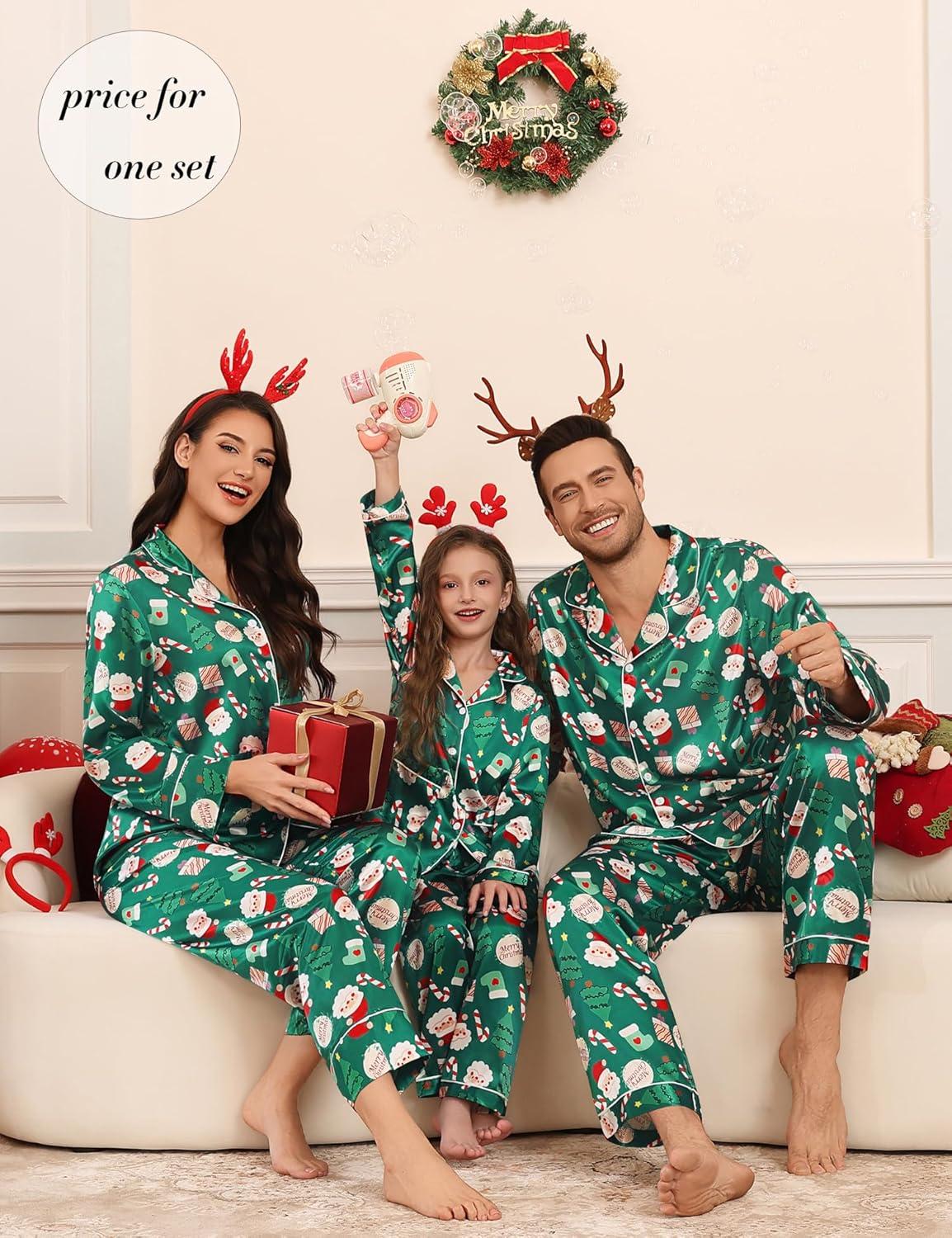 imageSWOMOG Matching Family Pajamas Set Women amp Men amp Kids Silk Satin Pjs 2 Pcs Long Sleeve Button Down Sleepwear with 2 PocketsKids Christmas Pattern 120Age for 67Y
