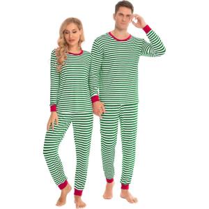 SWOMOG Matching Family Pajamas Sets Christmas Couple PJ’s Holiday Onesise Nightwear Household Sleepwear Sets with Pet bibs(Green Strpie-pajama Set)